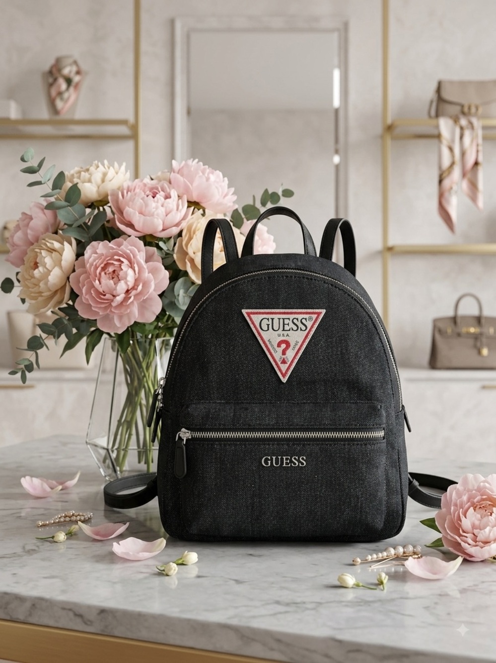 GUESS Black Denim Backpack with Red Logo Patch